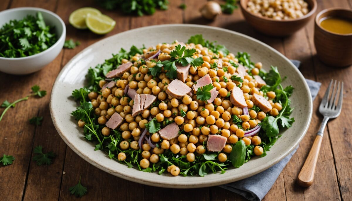 Salade fraîcheur de pois chiches au thon, oignons croquants et persil parfumé