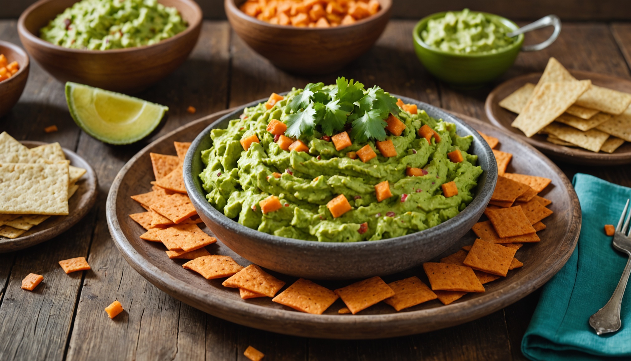 Délice gourmand : Guacamole à la patate douce accompagné de crackers croustillants aux céréales