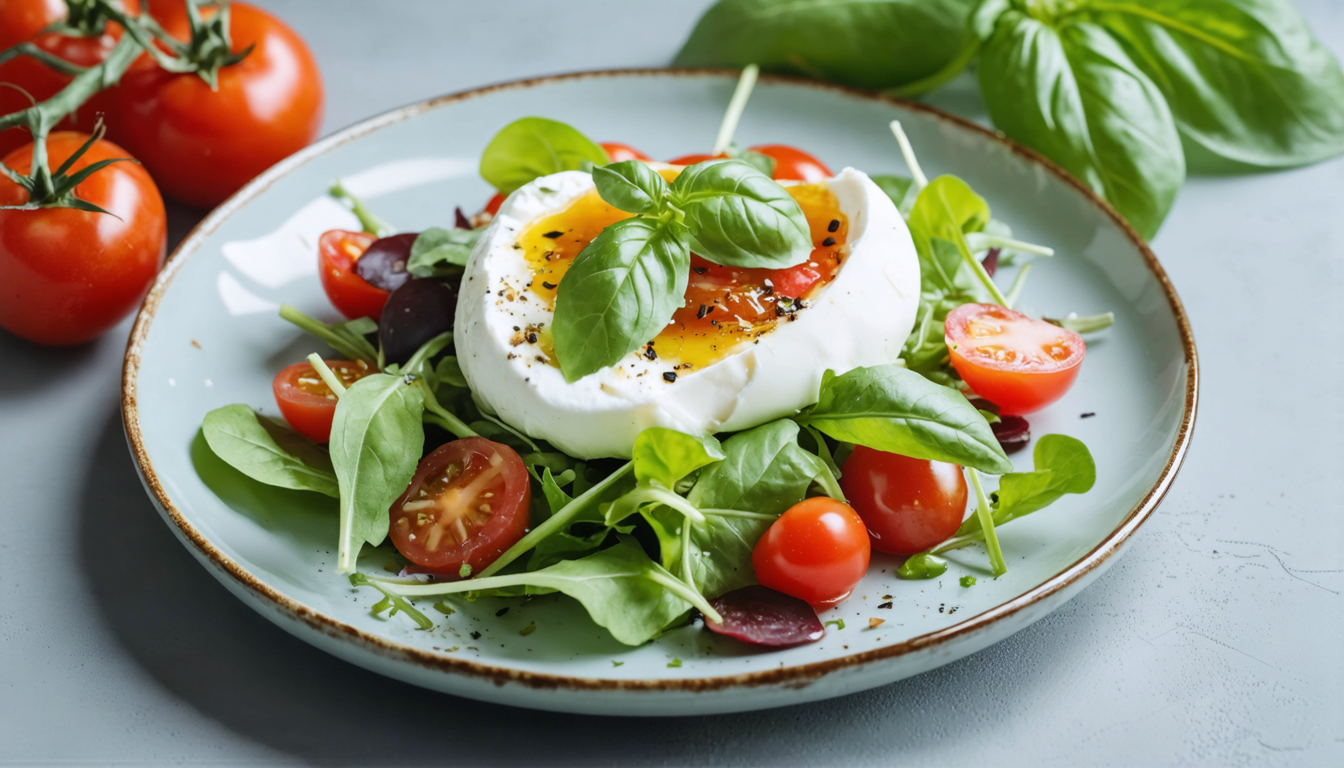 découvrez une recette estivale pleine de saveurs avec une burrata onctueuse accompagnée de tomates cerises fraîches, idéale pour un repas léger et gourmand.