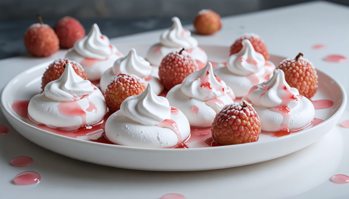 découvrez nos délicates meringues aériennes subtilement parfumées au sirop de litchi, une gourmandise légère et raffinée pour les amateurs de douceurs exotiques.