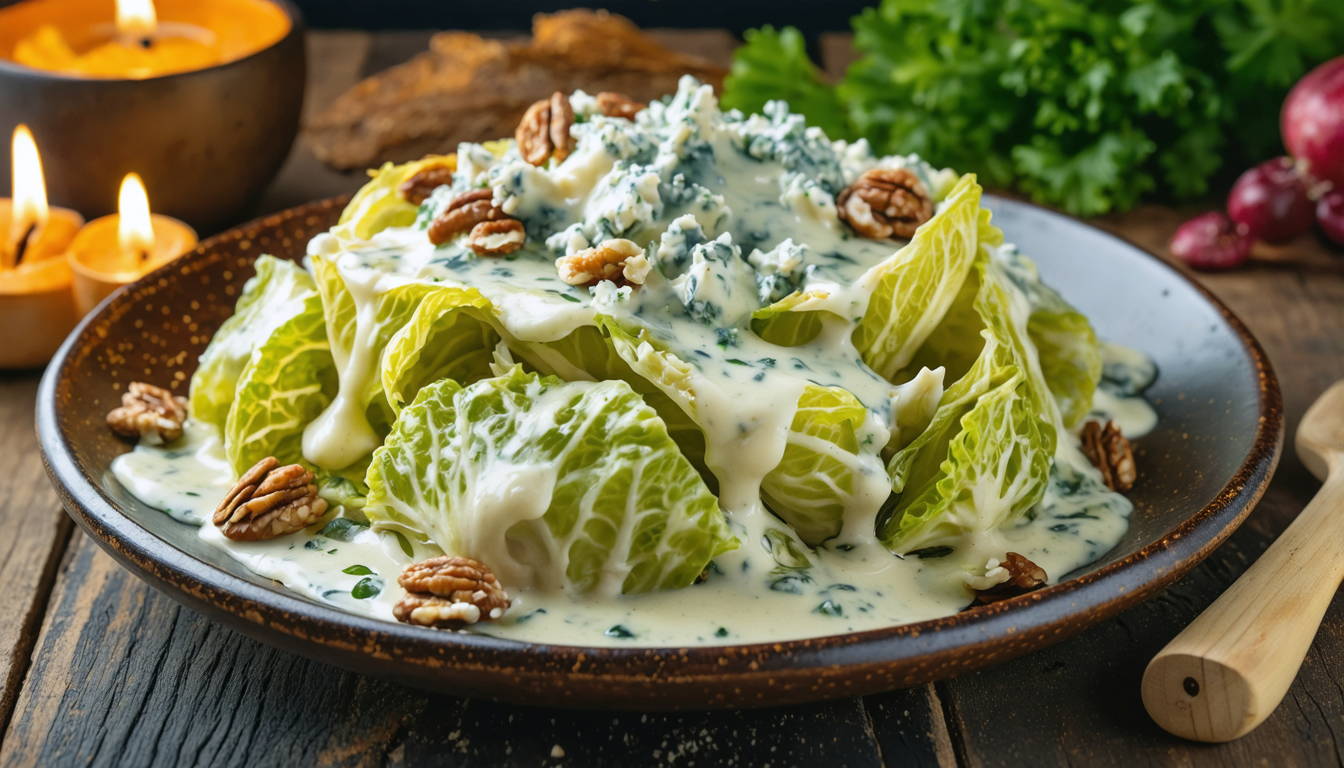 découvrez notre délice automnal : un chou vert fondant, délicatement nappé d'une onctueuse crème au bleu, pour une expérience gourmande et réconfortante.
