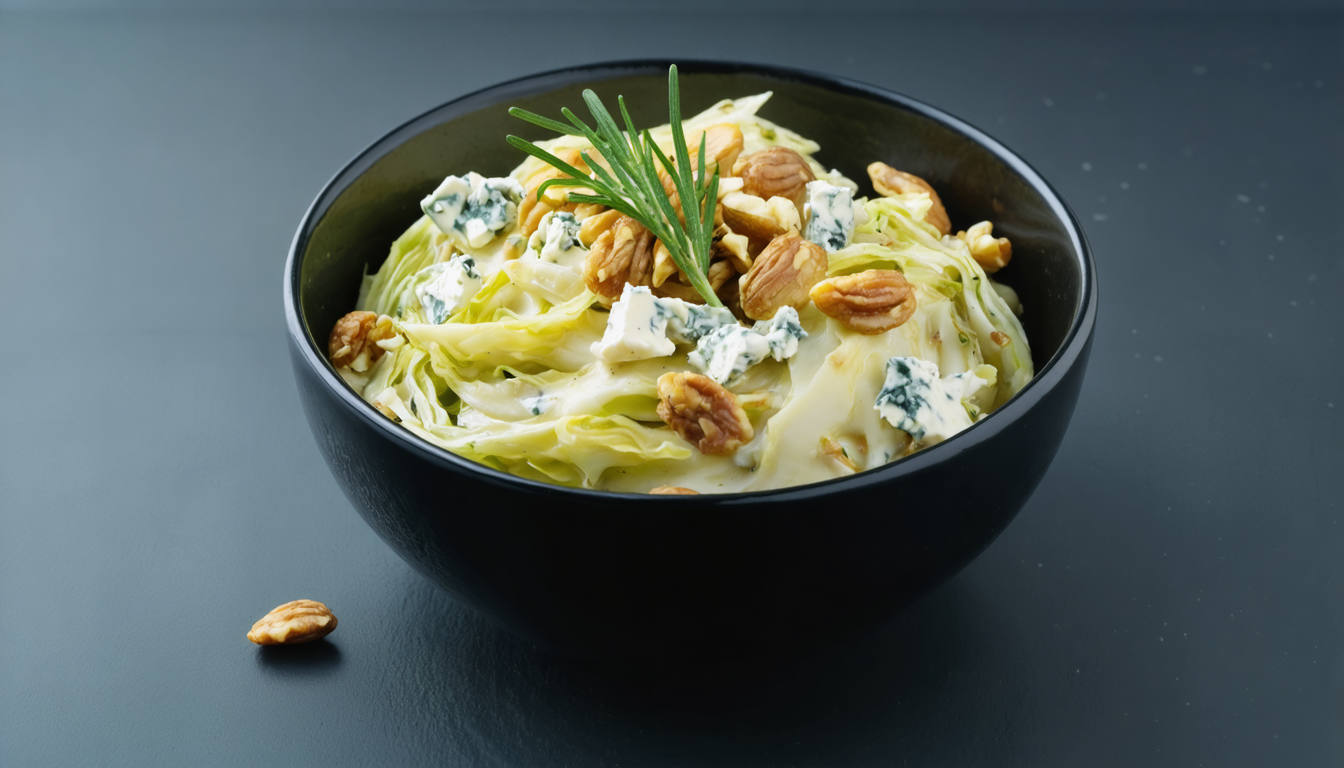découvrez notre délice automnal : un chou vert fondant sublimé par une onctueuse crème au bleu, parfait pour régaler vos papilles cet automne.