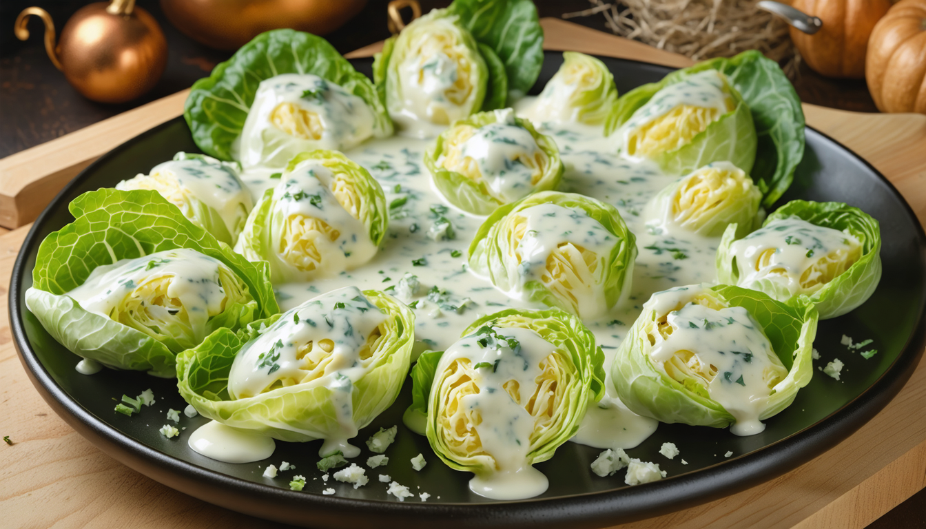 découvrez notre délice automnal : un chou vert fondant parfaitement nappé d'une onctueuse crème au bleu, une alliance savoureuse pour réchauffer vos papilles cet automne.