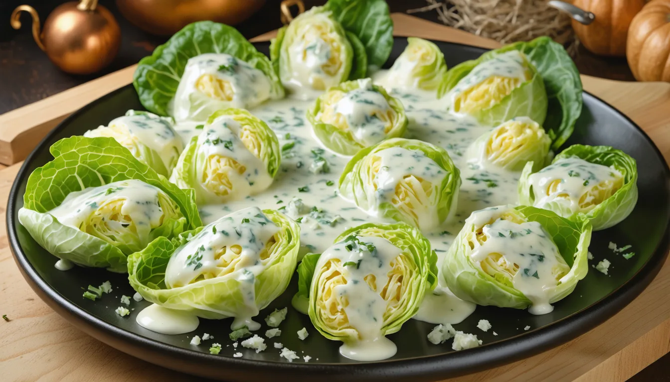 découvrez notre délice automnal : un chou vert fondant parfaitement nappé d'une onctueuse crème au bleu, une alliance savoureuse pour réchauffer vos papilles cet automne.