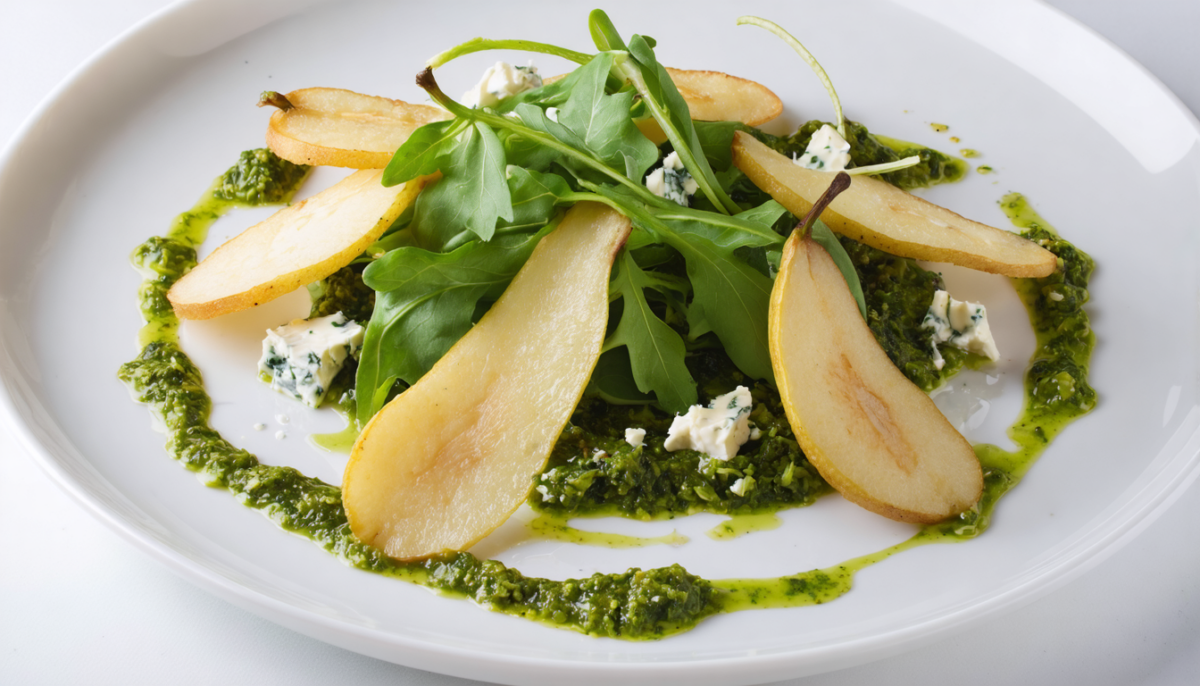 découvrez une recette gourmande alliant la douceur croquante des chips de poires, la fraîcheur piquante du pesto de roquette et la richesse des éclats de fromage bleu pour un délice unique.