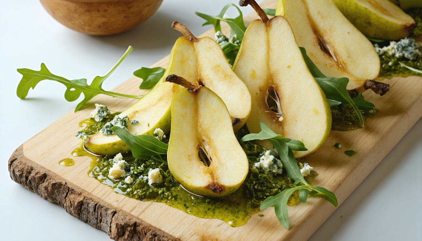 découvrez notre recette gourmande alliant chips de poires croquantes, pesto de roquette frais et éclats de fromage bleu pour une explosion de saveurs raffinées.