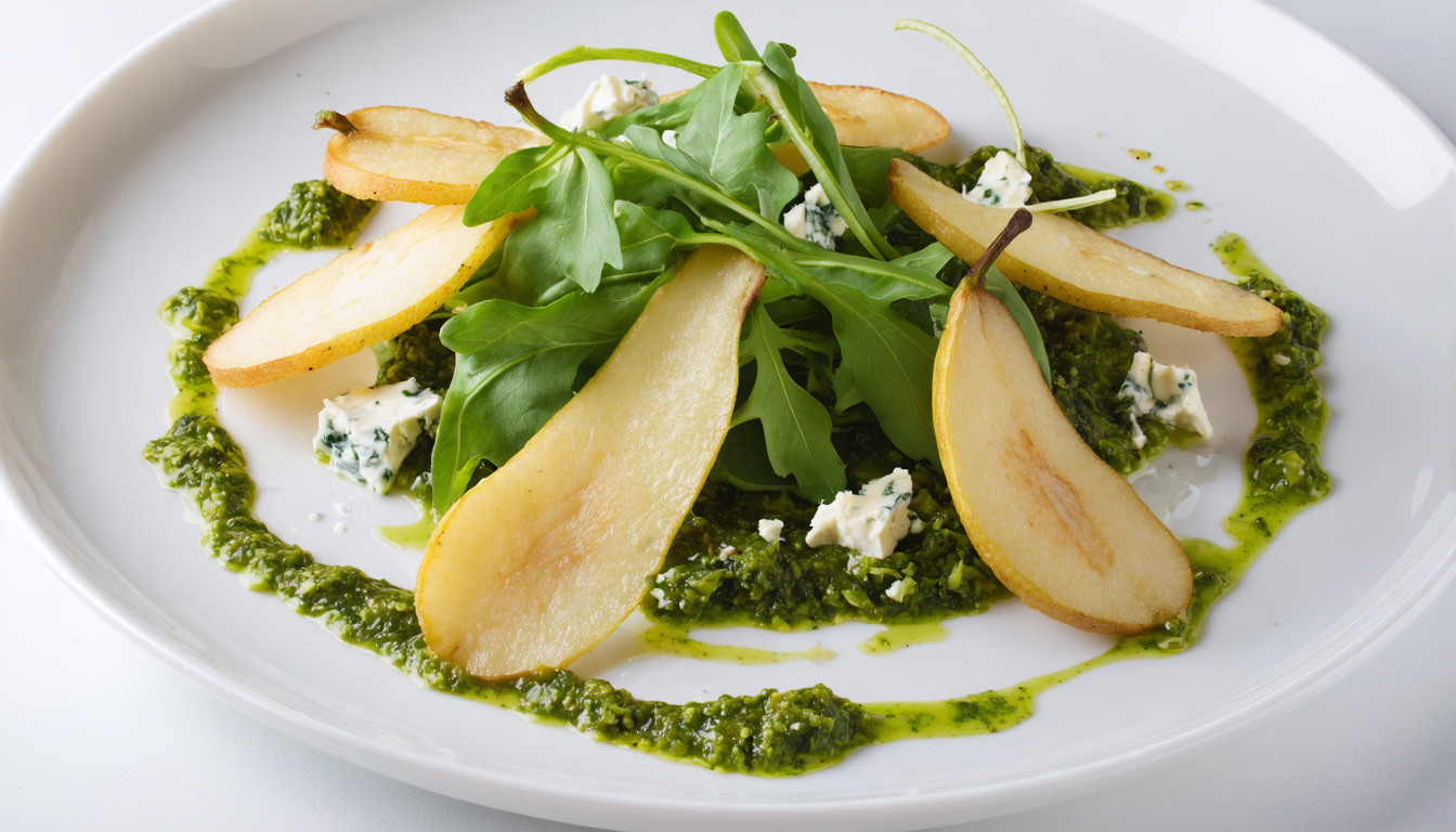 découvrez une recette gourmande alliant la douceur croquante des chips de poires, la fraîcheur piquante du pesto de roquette et la richesse des éclats de fromage bleu pour un délice unique.