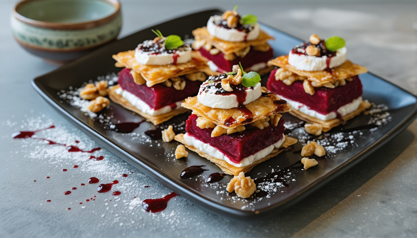 découvrez notre recette gourmande de millefeuille de betterave et chèvre crémeux, une délicieuse alliance de saveurs et de textures pour un plat raffiné et léger.