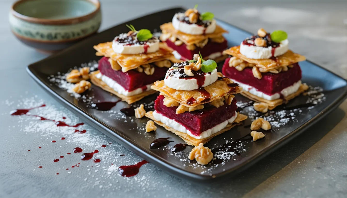 découvrez notre recette gourmande de millefeuille de betterave et chèvre crémeux, une délicieuse alliance de saveurs et de textures pour un plat raffiné et léger.