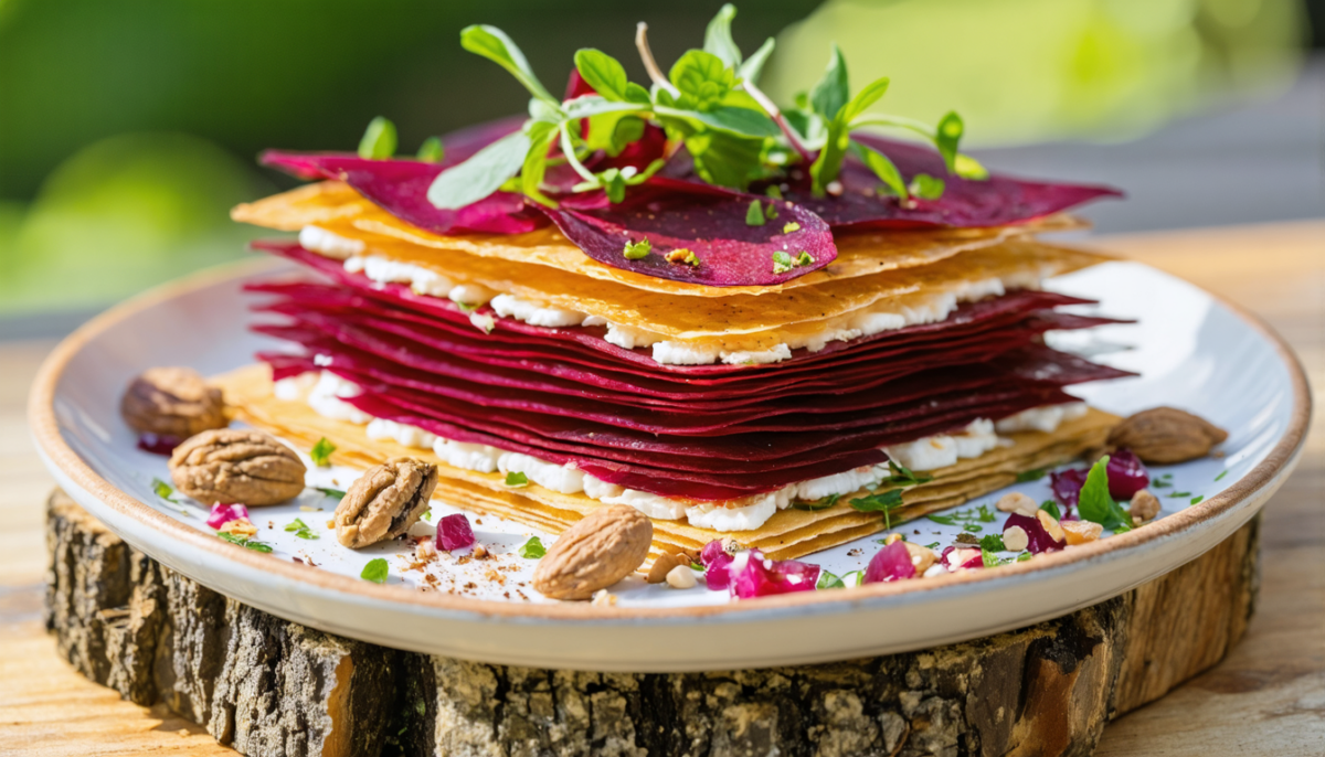 découvrez notre recette raffinée de millefeuille de betterave et chèvre crémeux, une alliance parfaite de saveurs et de textures pour un délice en couches irrésistible.