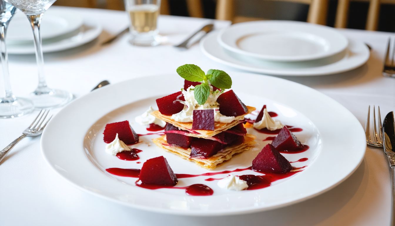 découvrez notre recette raffinée de millefeuille de betterave et chèvre crémeux, une délicieuse association de saveurs et de textures pour un plat élégant et gourmand.