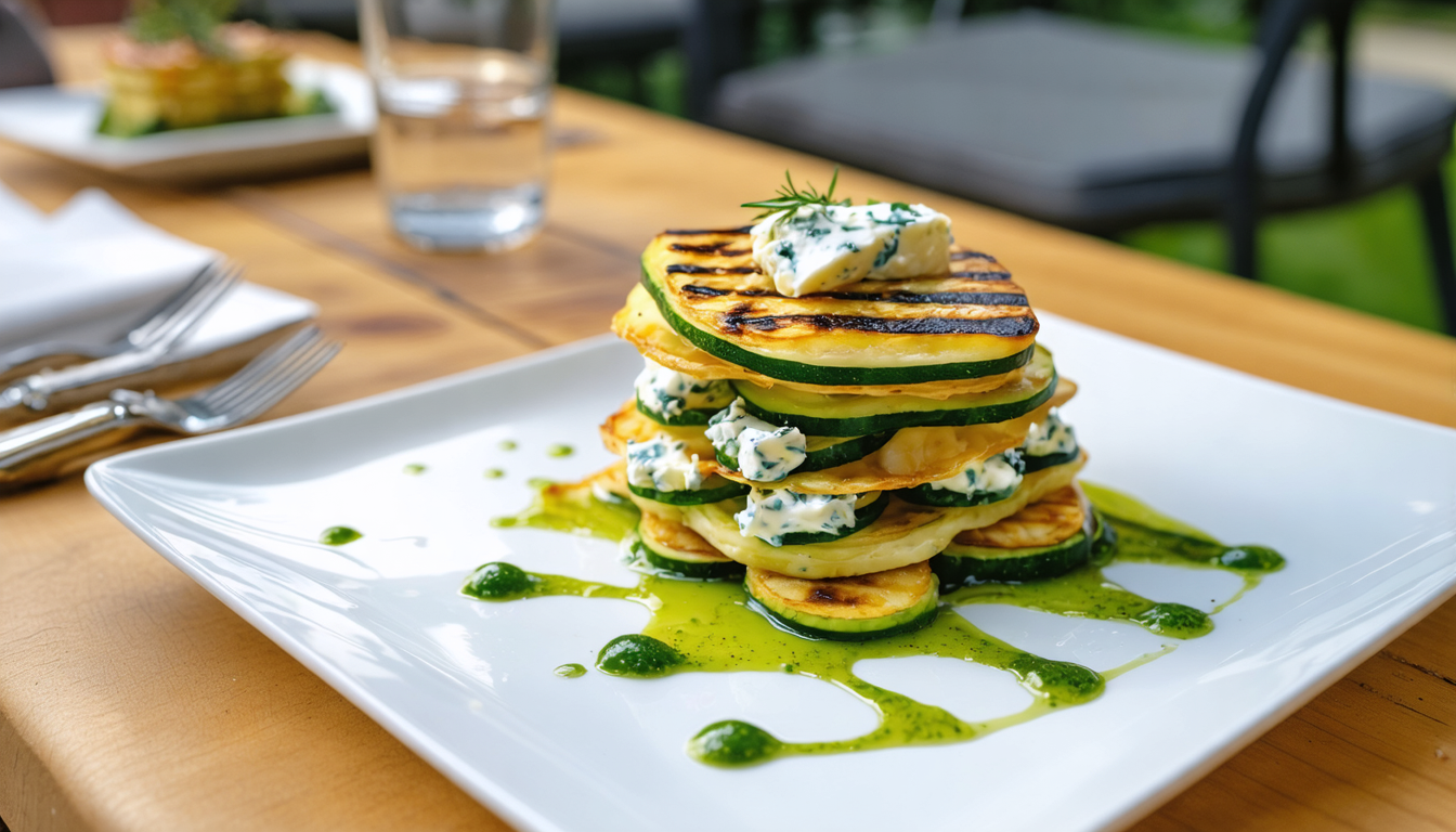 découvrez notre recette de mille-feuille aux courgettes grillées et fromage bleu, un mariage parfait pour une explosion de saveurs délicates et raffinées.