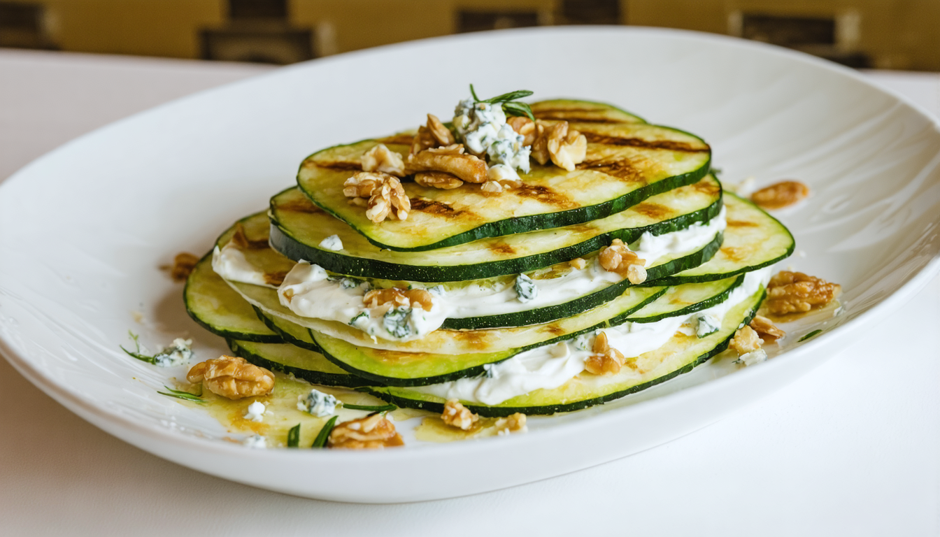 découvrez notre recette savoureuse de mille-feuille aux courgettes grillées et fromage bleu, une alliance parfaite pour un plat riche en saveurs et en textures.