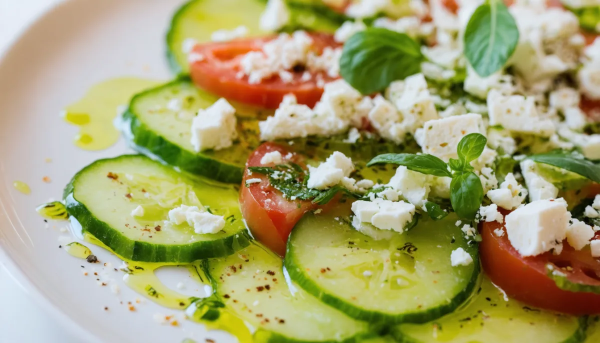 découvrez un délice estival avec notre carpaccio de tomates vertes, accompagné de concombres croquants et de fromage fondant, pour une recette fraîche et savoureuse.