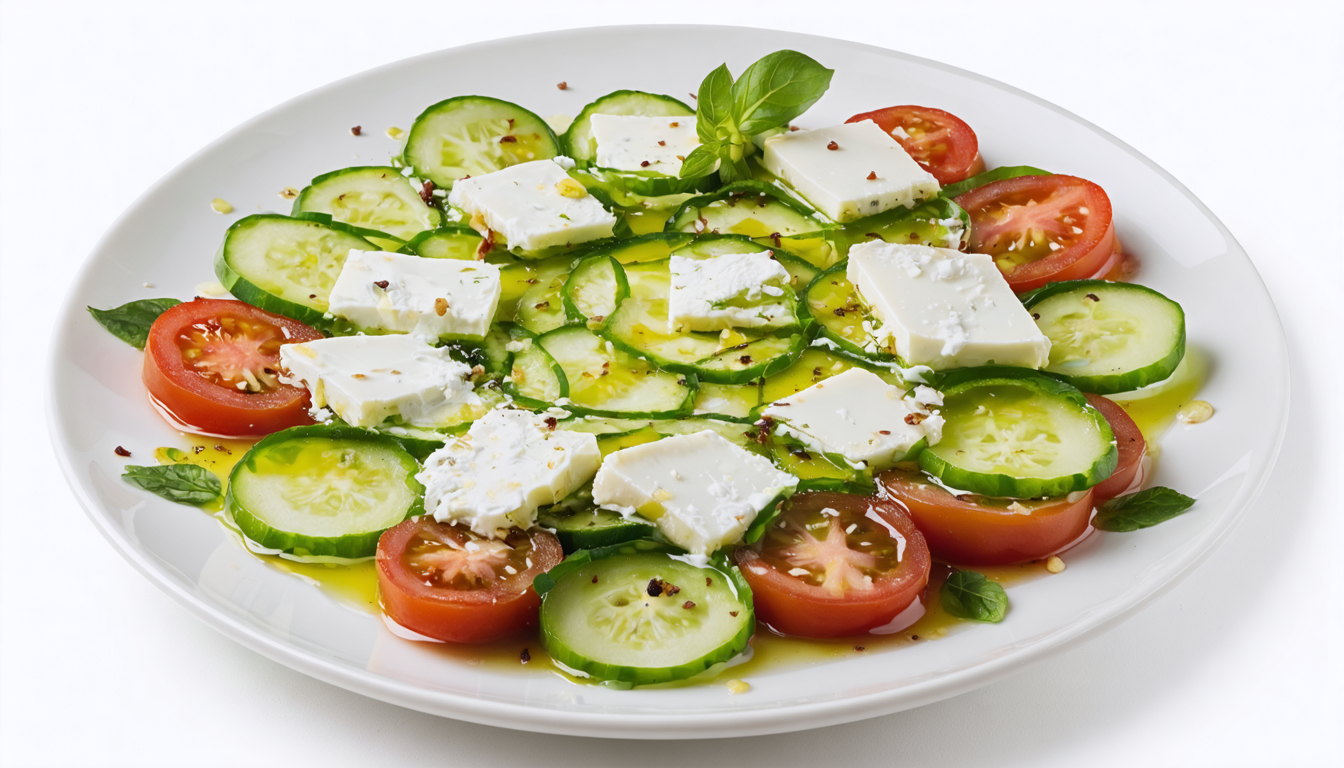 découvrez une recette fraîche et gourmande : carpaccio de tomates vertes accompagné de concombres croquants et de fromage fondant, parfait pour un délice estival léger et savoureux.