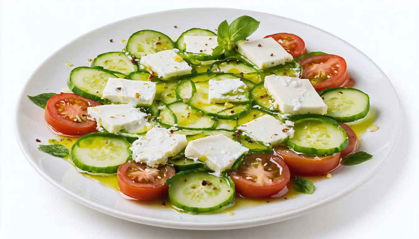 découvrez une recette fraîche et gourmande : carpaccio de tomates vertes accompagné de concombres croquants et de fromage fondant, parfait pour un délice estival léger et savoureux.