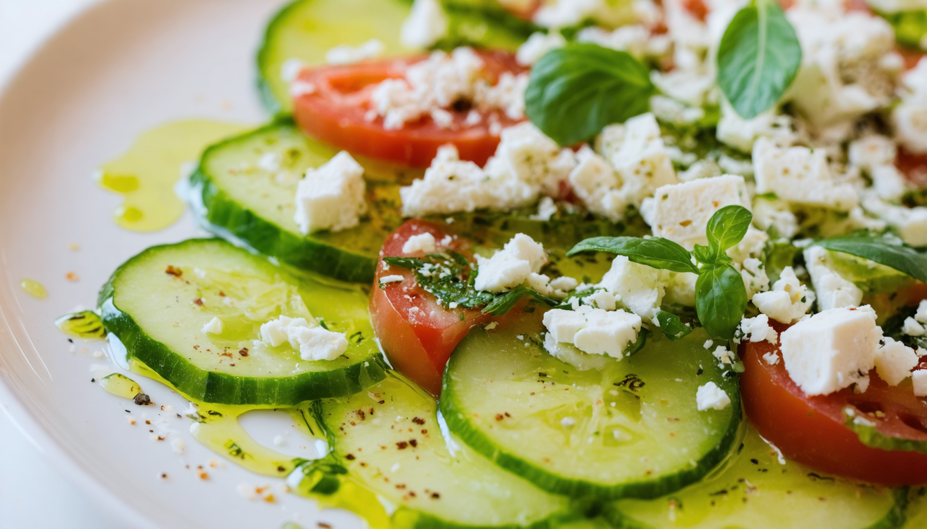 découvrez un délice estival avec notre carpaccio de tomates vertes, accompagné de concombres croquants et de fromage fondant, pour une recette fraîche et savoureuse.