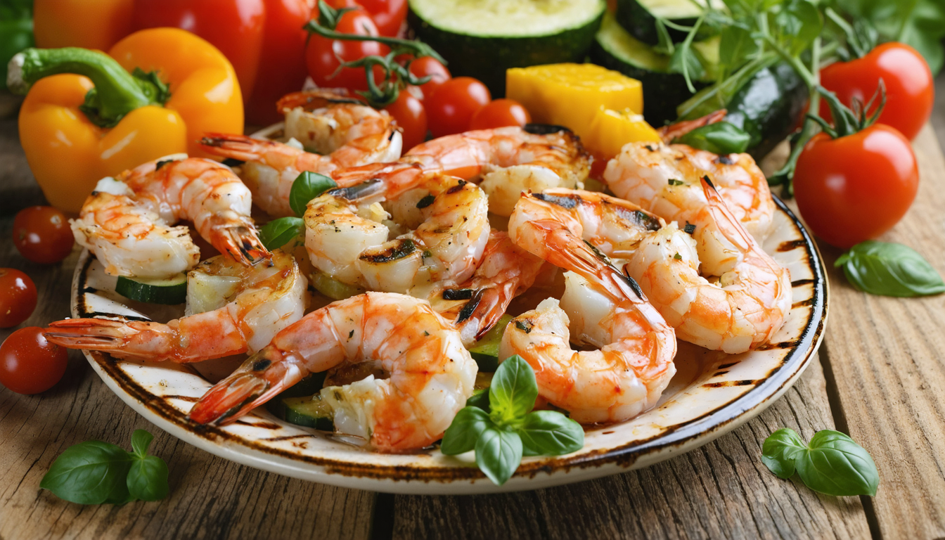 savourez un été gourmand avec nos gambas grillées accompagnées de légumes du soleil, une harmonie parfaite de saveurs fraîches et estivales.