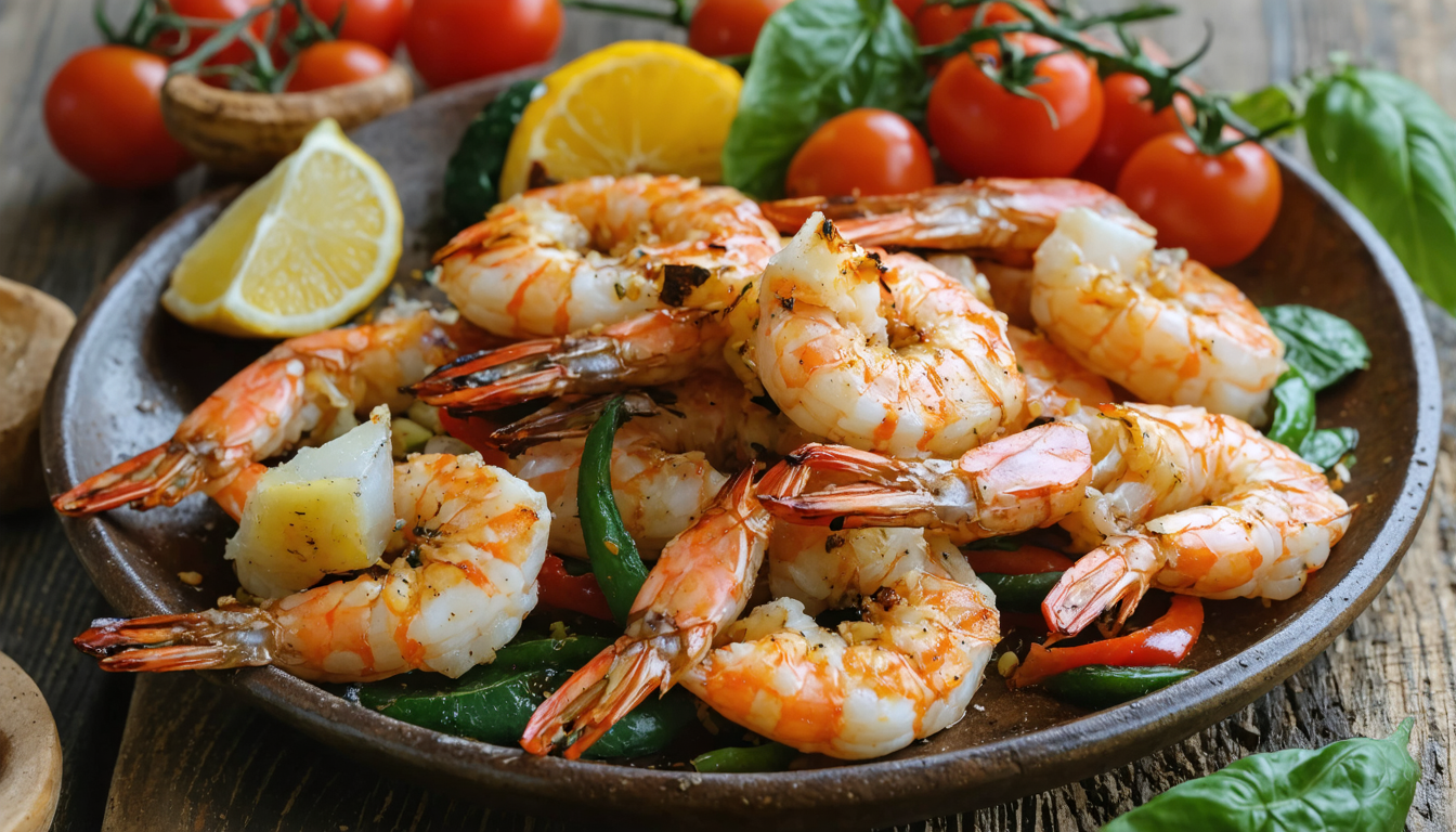 savourez un été gourmand avec nos gambas grillées accompagnées de légumes du soleil, une harmonie parfaite pour un délice estival plein de saveurs fraîches et ensoleillées.