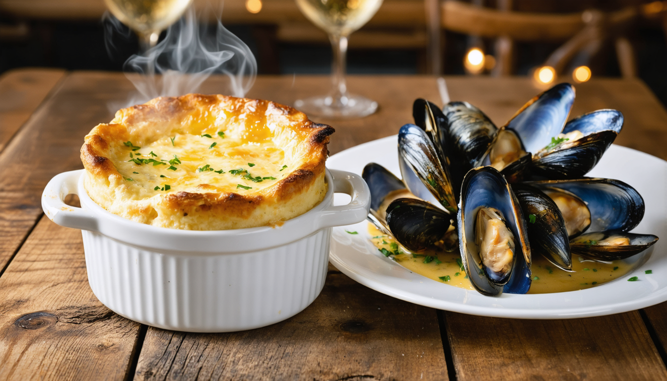 savourez un délicieux soufflé au fromage accompagné de moules fraîches et savoureuses de pénestin, une recette gourmande qui ravira vos papilles.