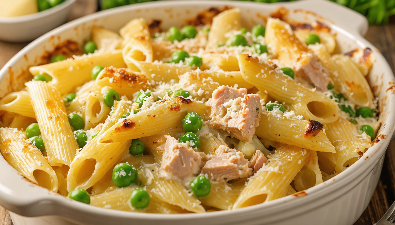 savourez un gratin de pâtes au thon et petits pois, délicatement nappé d'une béchamel onctueuse pour un délice léger et réconfortant.