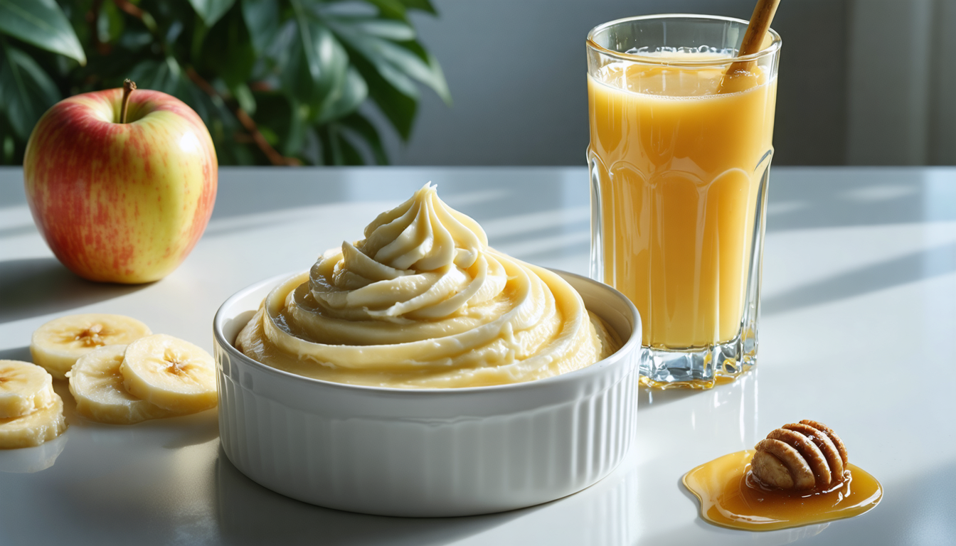 savourez un délice onctueux avec notre purée de banane au fromage frais, sublimée par un jus de pomme doux et un miel fondant, pour une expérience gourmande et équilibrée.