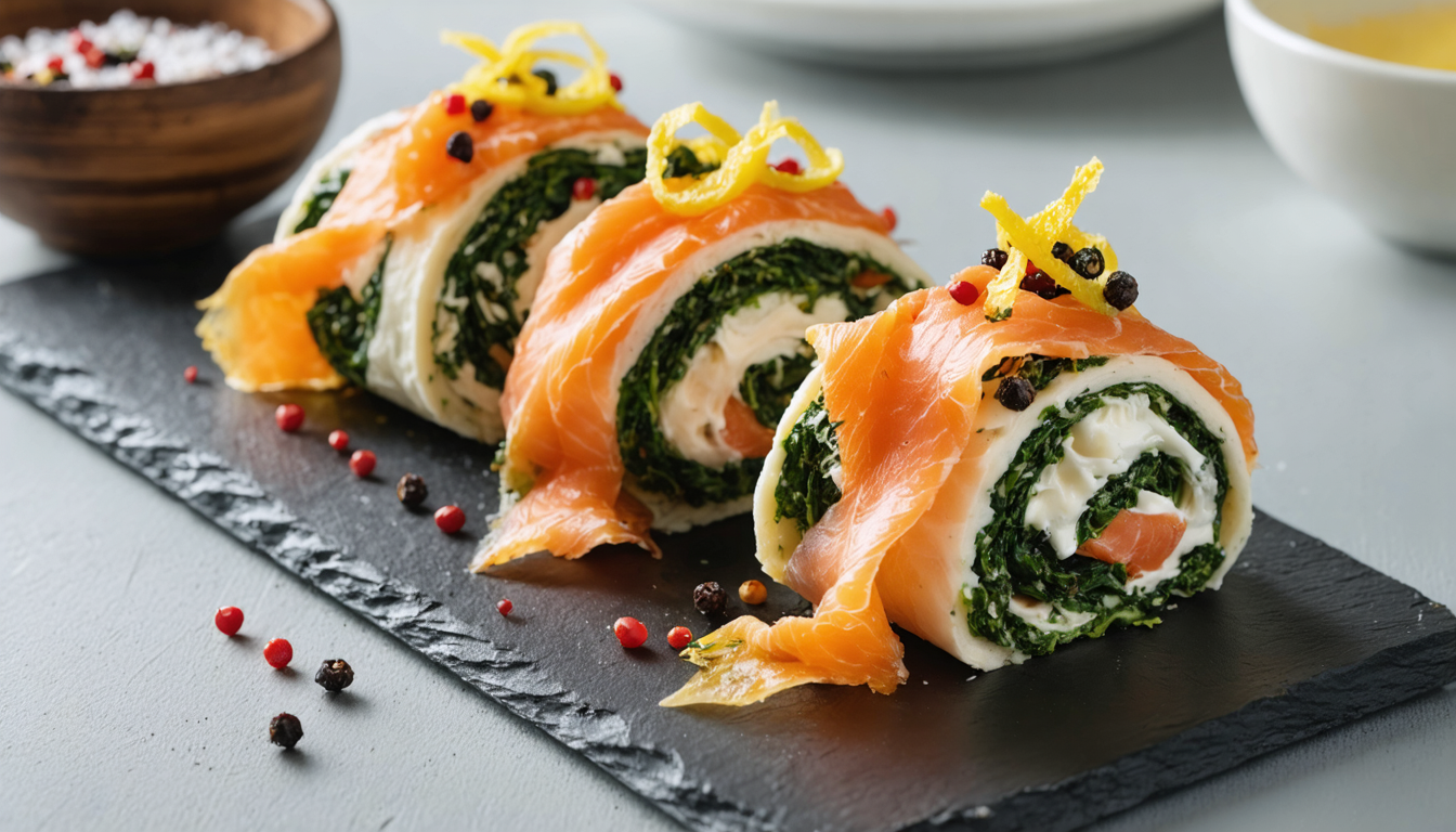 découvrez notre recette savoureuse et légère de délice roulé aux épinards, saumon fumé et fromage frais, parfaite pour un repas équilibré et gourmand.
