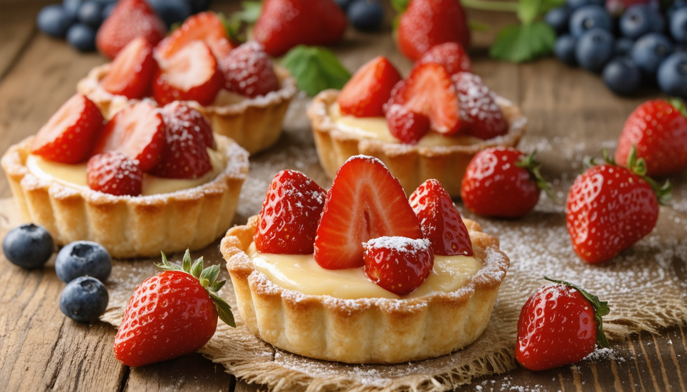 savourez nos tartelettes aux fraises garnies d'une crème pâtissière maison onctueuse, un délice fruité parfait pour toutes les occasions.