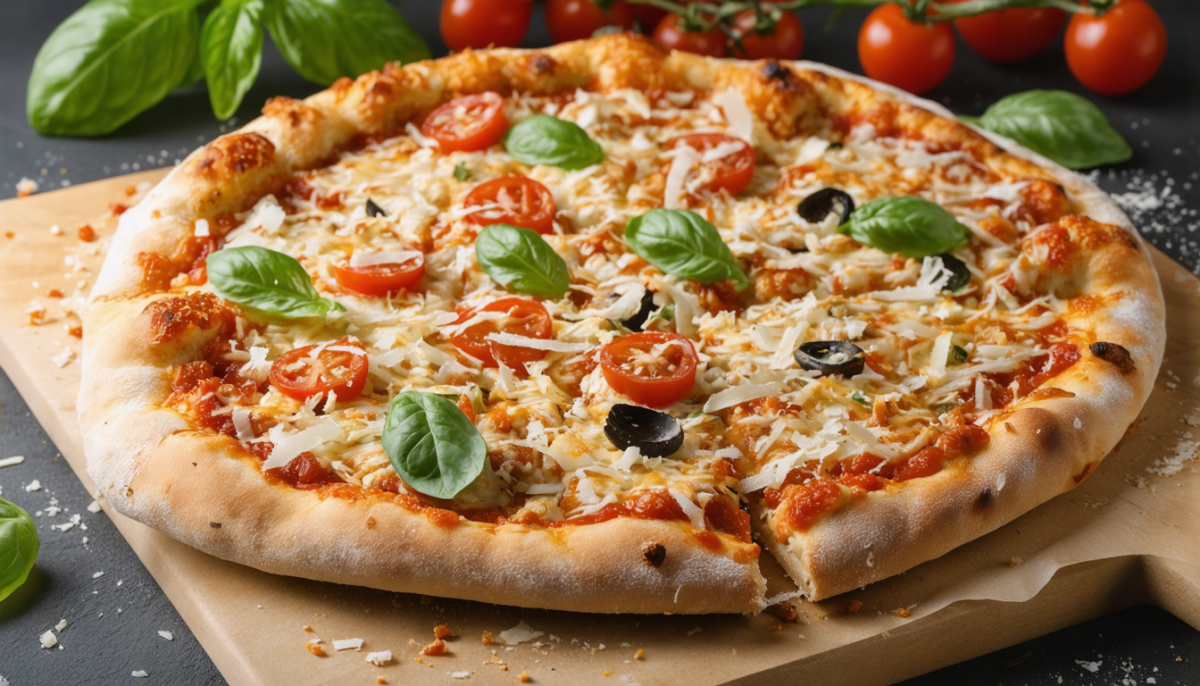 savourez notre délicieuse pizza césar, généreusement garnie de copeaux de parmesan croquants pour un plaisir gourmand et authentique.