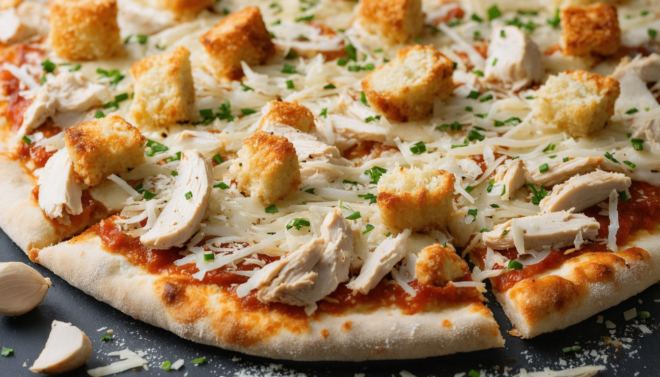 savourez notre délicieuse pizza césar, généreusement garnie de copeaux de parmesan croquants pour un goût authentique et gourmand.