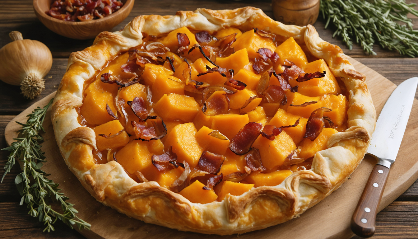 découvrez notre délicieuse tarte rustique au potiron, accompagnée d'oignons caramélisés et de lardons croustillants, parfaite pour un repas savoureux et réconfortant.