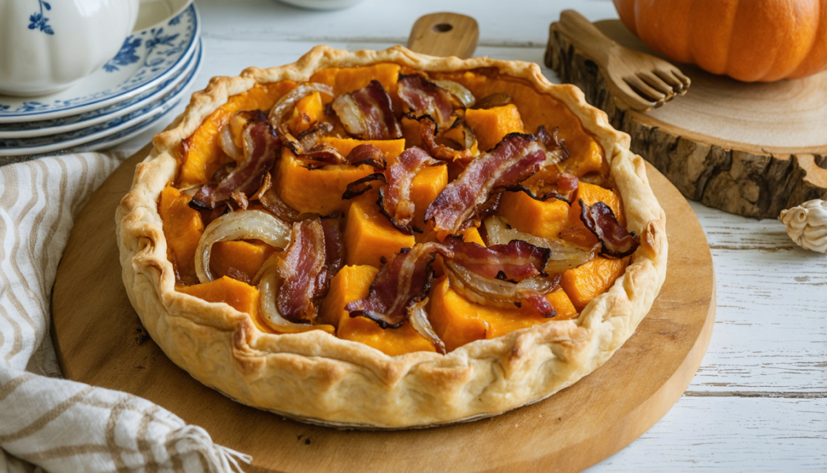 découvrez notre délicieuse tarte rustique au potiron, garnie d'oignons caramélisés et de lardons croustillants, une recette savoureuse et réconfortante idéale pour toutes les occasions.
