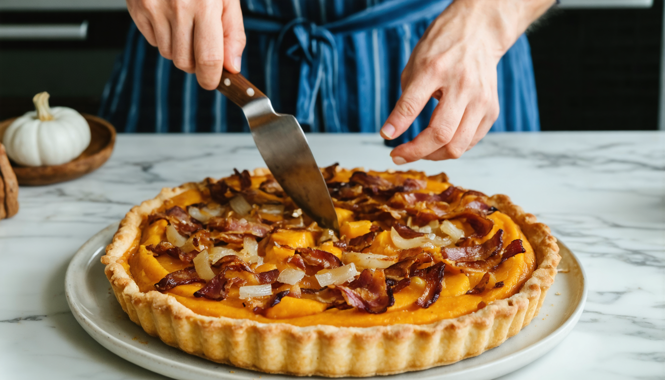 savourez une délicieuse tarte rustique au potiron fondant, accompagnée d'oignons caramélisés et de lardons croustillants, pour un repas chaleureux et gourmand.