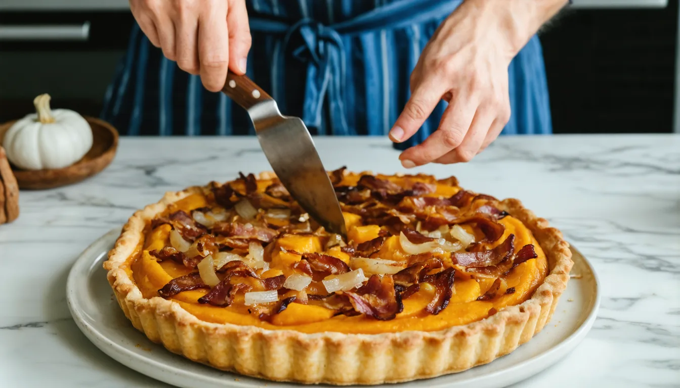 savourez une délicieuse tarte rustique au potiron fondant, accompagnée d'oignons caramélisés et de lardons croustillants, pour un repas chaleureux et gourmand.