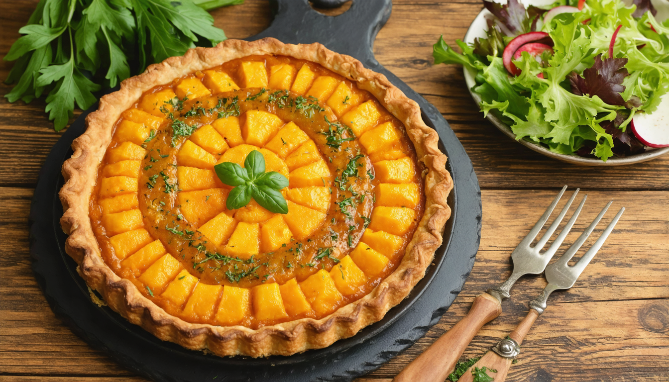 savourez une délicieuse tarte rustique au potiron, agrémentée d'oignons caramélisés et de lardons croustillants, parfaite pour un repas gourmand et réconfortant.