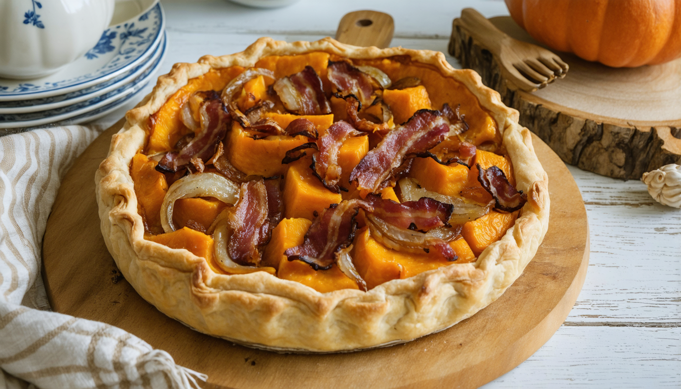 découvrez notre délicieuse tarte rustique au potiron, garnie d'oignons caramélisés et de lardons croustillants, une recette savoureuse et réconfortante idéale pour toutes les occasions.