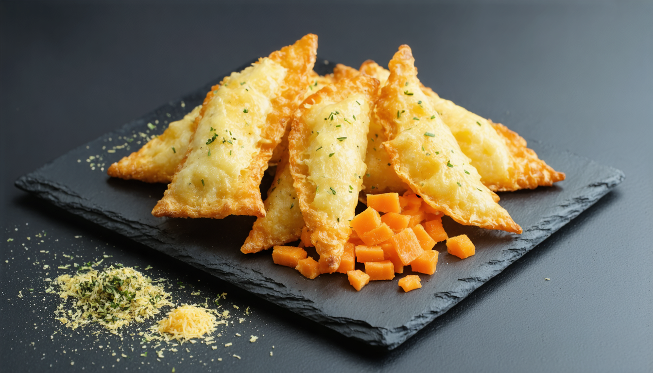 savourez nos tuiles croustillantes au gouda, délicatement garnies de carottes râpées et relevées d'une touche de cumin pour une explosion de saveurs.