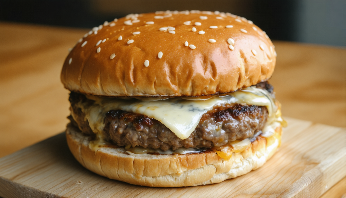savourez un délicieux burger gourmand au bœuf juteux et fromage de brebis fondant, une explosion de saveurs pour les amateurs de cuisine authentique et raffinée.