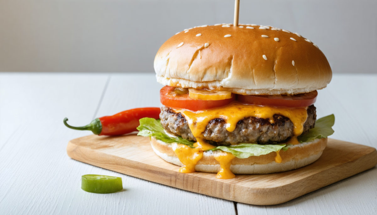savourez notre délicieux burger gourmand composé de bœuf juteux et de fromage de brebis fondant pour une expérience culinaire irrésistible.