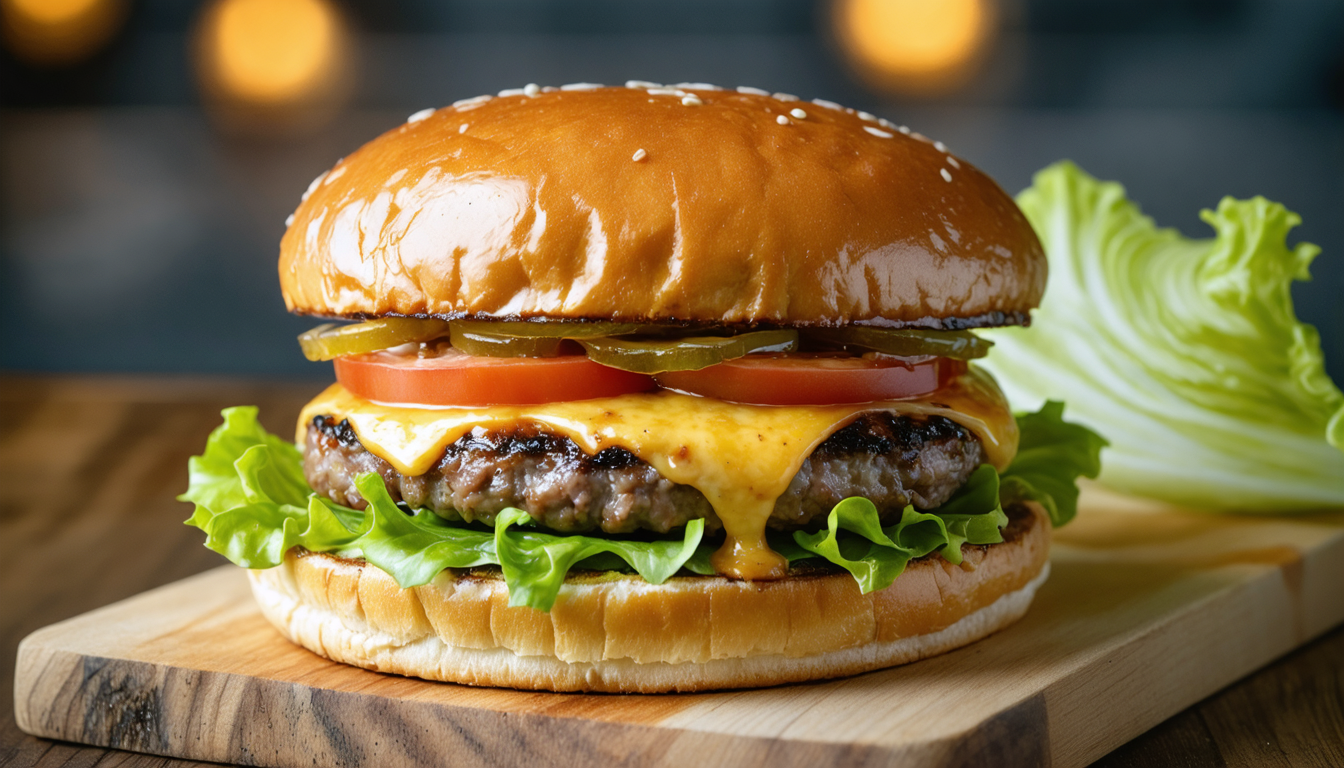 savourez un délicieux burger gourmand au bœuf juteux et au fromage de brebis fondant, pour une expérience culinaire savoureuse et authentique.