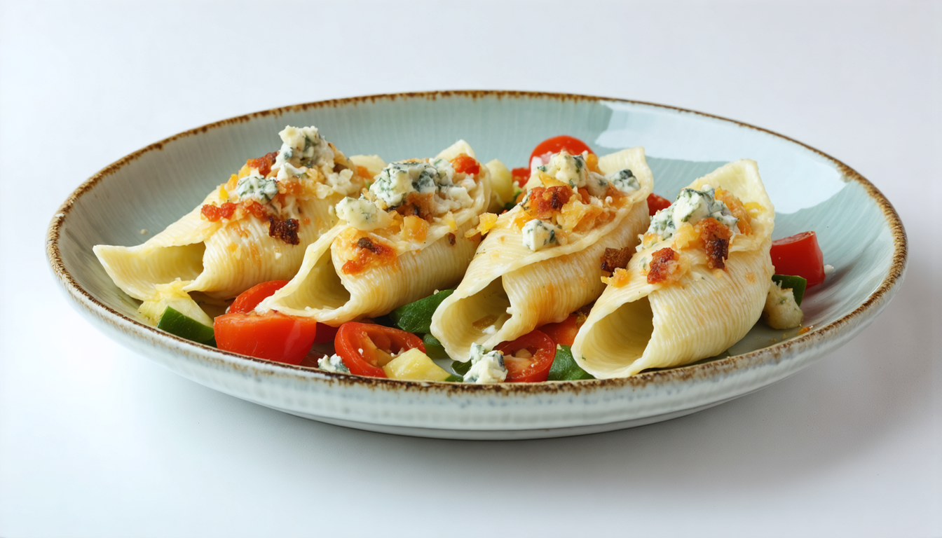 savourez nos conchiglionis gourmands, généreusement farcis de légumes croquants et de fromage bleu fondant, pour un plat riche en saveurs et en textures.