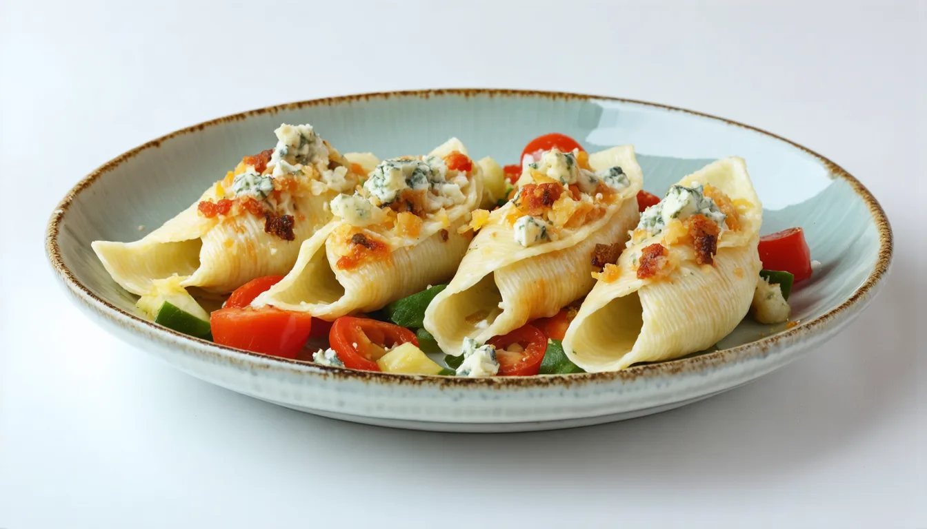 savourez nos conchiglionis gourmands, généreusement farcis de légumes croquants et de fromage bleu fondant, pour un plat riche en saveurs et en textures.