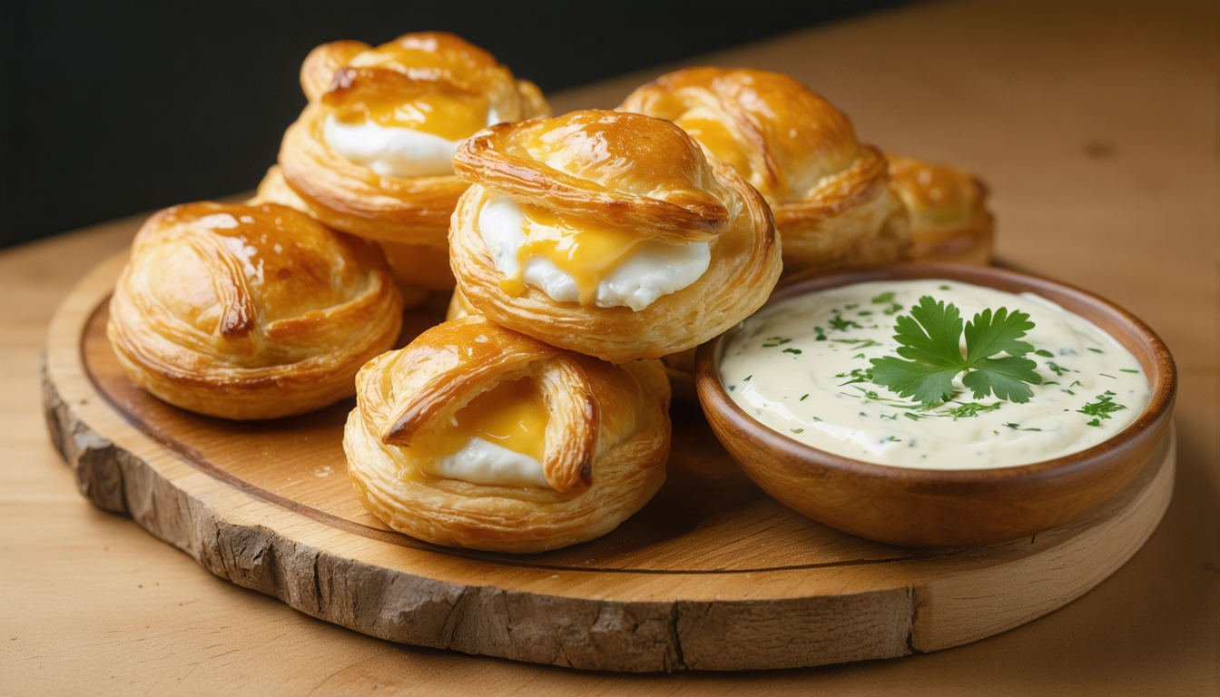 découvrez nos délicieux feuilletés au camembert, croustillants à souhait, servis avec une onctueuse sauce à la coriandre pour une explosion de saveurs.