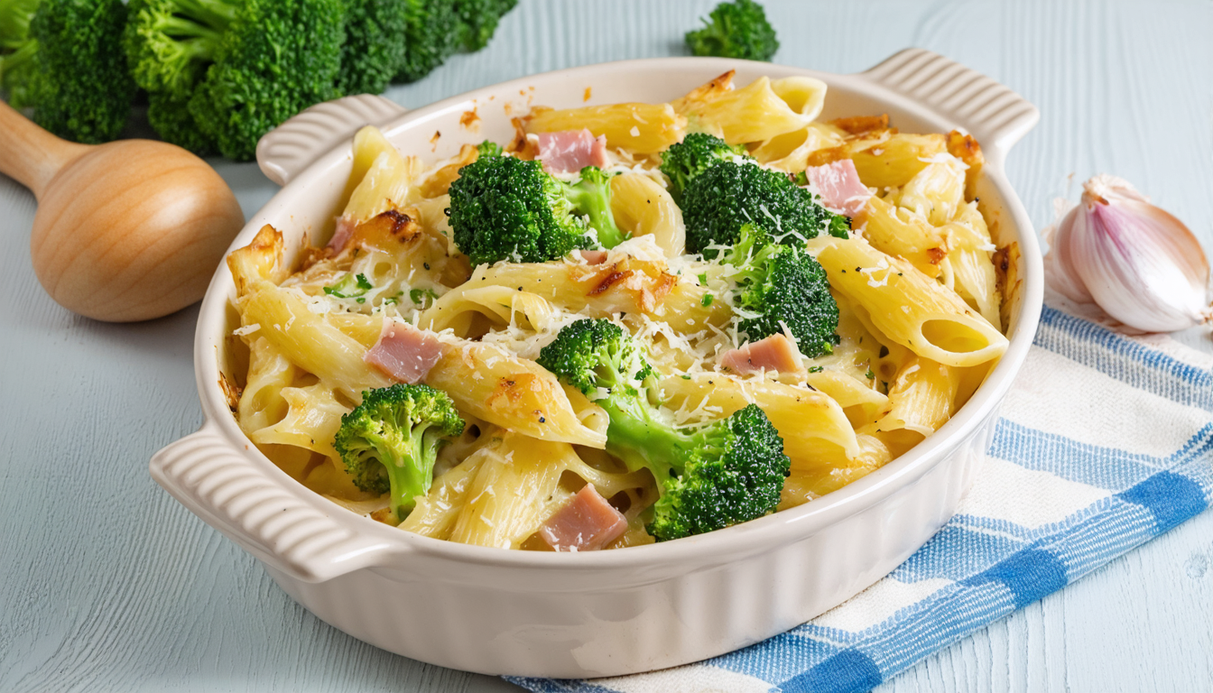 découvrez notre recette de gratin léger alliant pâtes fondantes, brocolis croquants et jambon savoureux, le tout nappé d'une sauce blanche onctueuse pour un plat délicieusement équilibré.
