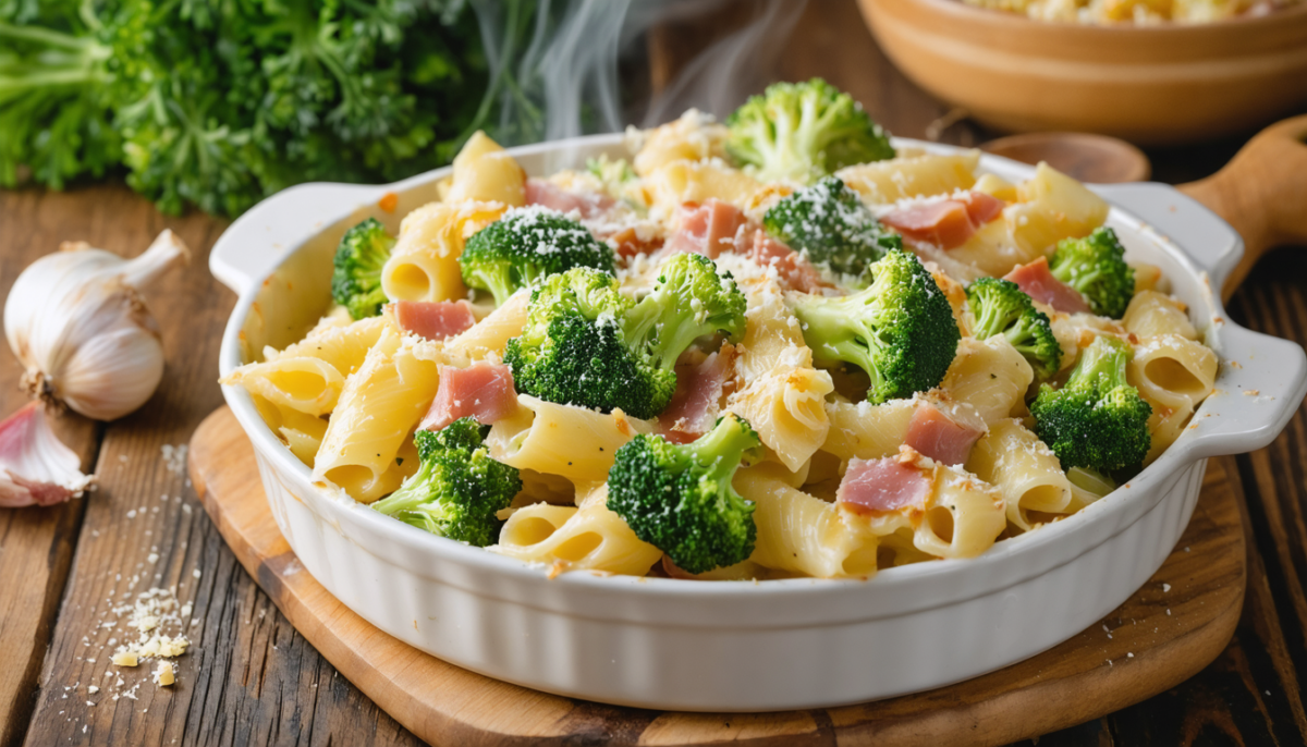 découvrez notre gratin léger de pâtes aux brocolis croquants et jambon, nappé d'une sauce blanche onctueuse, pour un plat savoureux et équilibré.