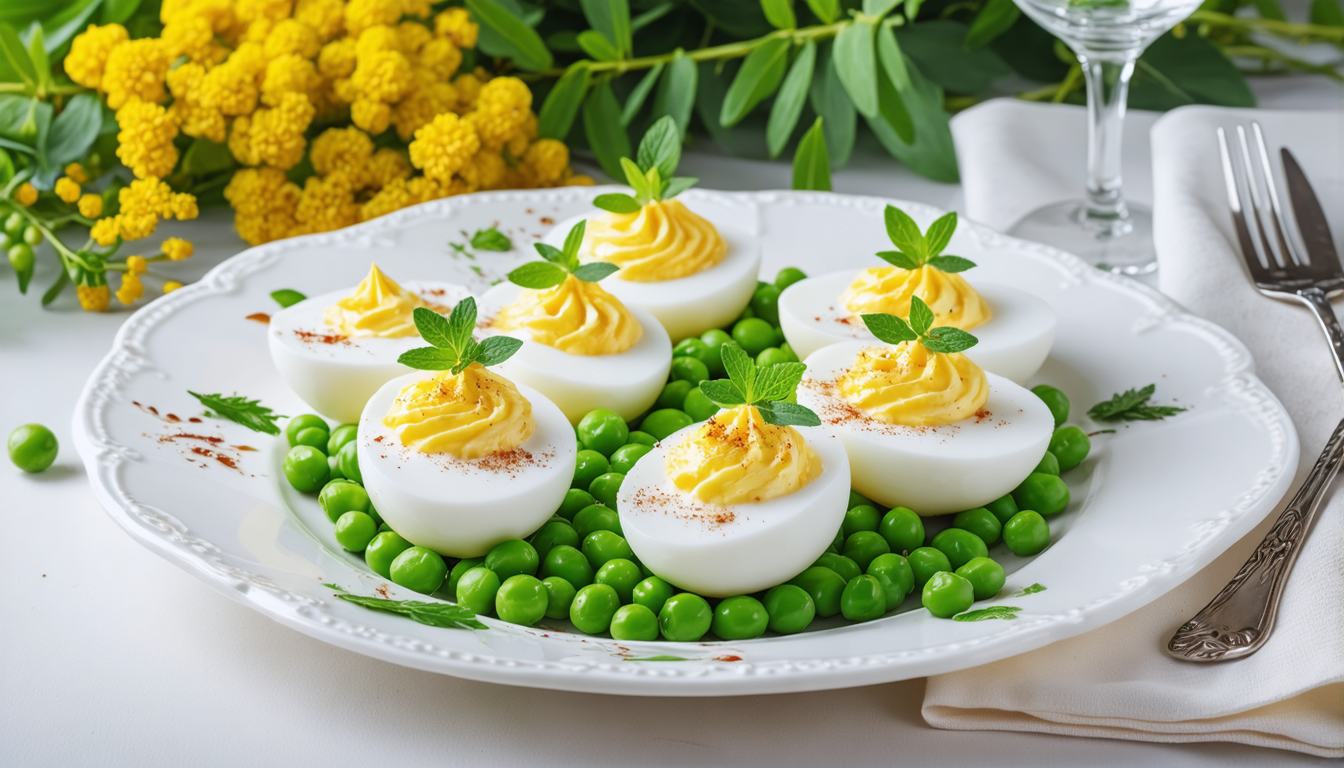 découvrez une recette gourmande d'œufs mimosa revisités, alliant la douceur du fromage frais et la fraîcheur des petits pois pour un apéritif savoureux et original.