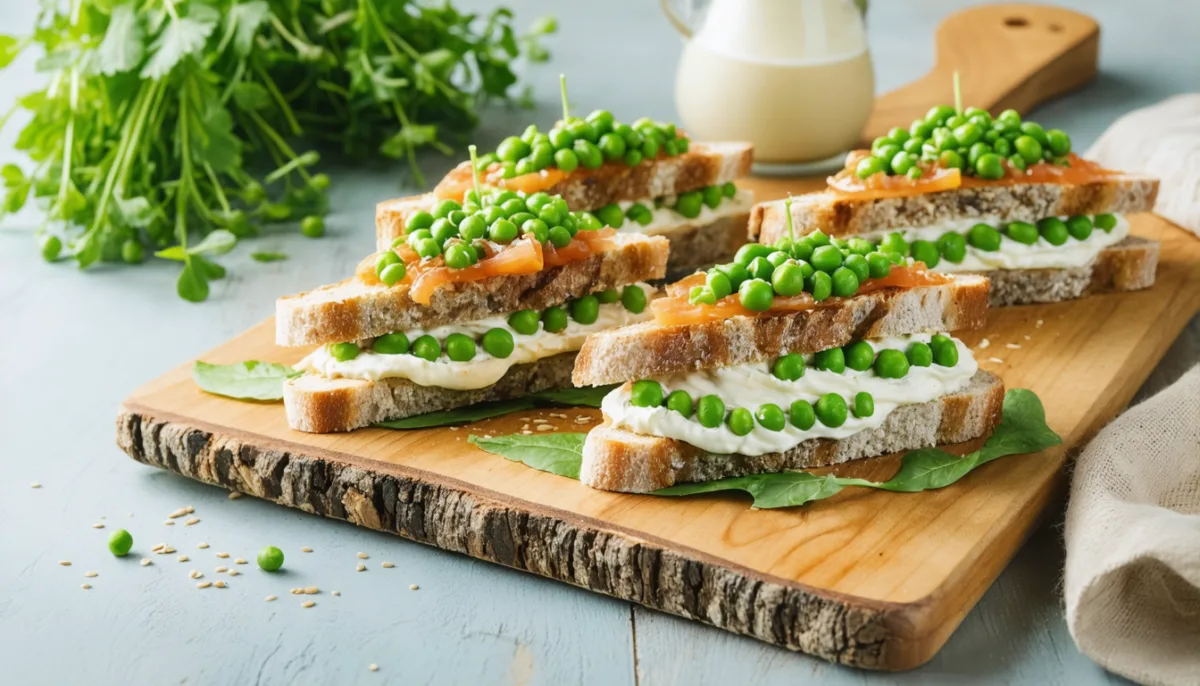 savourez nos délicieux sandwichs frais garnis d'une crème onctueuse de petits pois et de fromage fondant, parfaits pour un repas léger et gourmand.