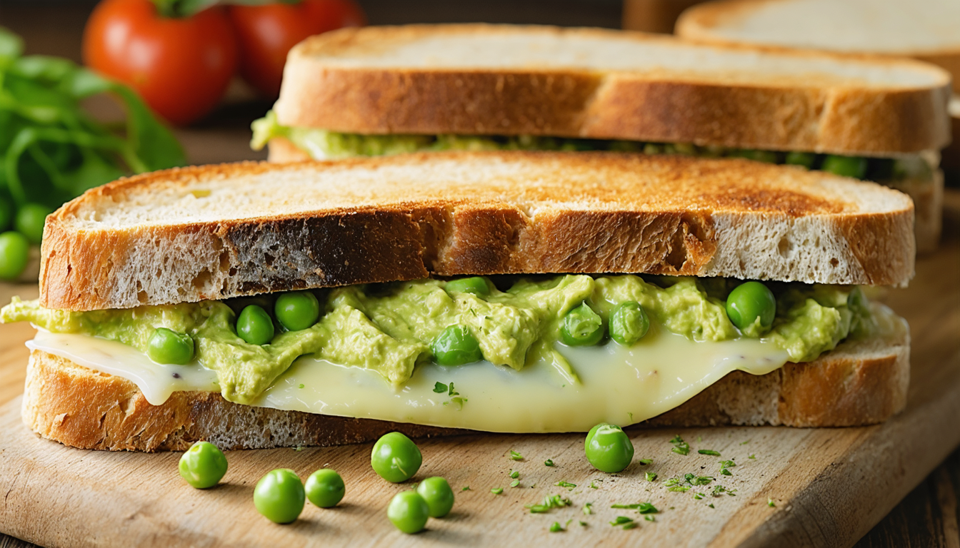 découvrez nos délicieux sandwichs frais garnis d'une crème de petits pois légère et de fromage onctueux, pour une pause gourmande et saine.