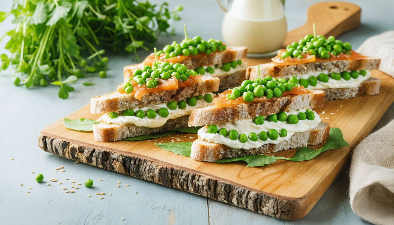 savourez nos délicieux sandwichs frais garnis d'une crème onctueuse de petits pois et de fromage fondant, parfaits pour un repas léger et gourmand.