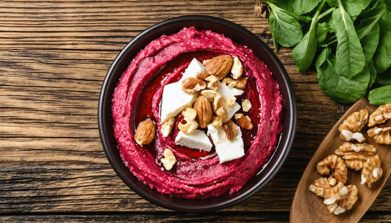 découvrez notre houmous de betterave gourmand accompagné de chèvre croustillant, une recette savoureuse qui mêle douceur et croquant pour une explosion de saveurs unique.